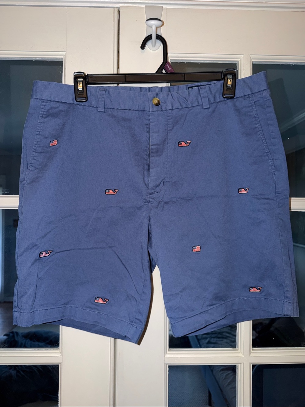 Vineyard Vines Blue Chino Shorts with red, white, blue flag and Whale Embroidery